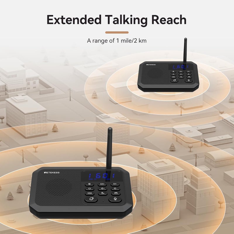 Retekess TH201 أنظمة الاتصال اللاسلكية للمنزل، اتصال داخلي بدون استخدام اليدين، مدى طويل 1 ميل، 22 قناة، VOX، رعاية في الوقت الحقيقي، مكالمة جماعية، أنظمة اتصال داخلي ثنائية الاتجاه في الوقت الحقيقي للمنزل، الأعمال - Image 3
